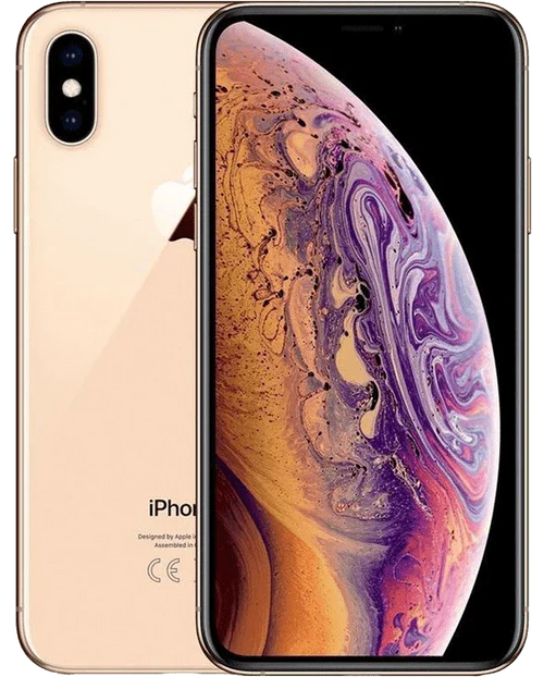 Gouden iPhone XS met dual camera en kleurrijk scherm, refurbished smartphone afbeelding