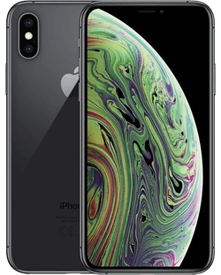 Zwarte iPhone XS met kleurrijk scherm en dubbele camera, Apple smartphone, voorkant en achterkant zichtbaar