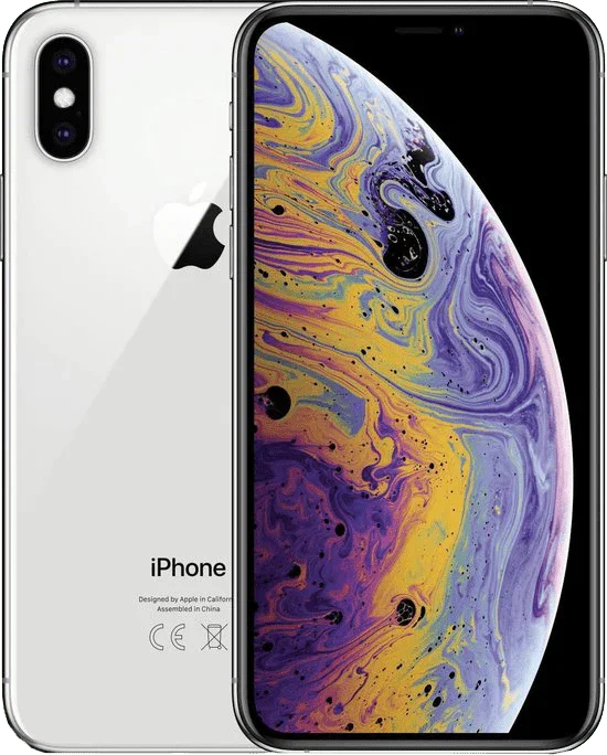 Refurbished iPhone XS zilver, voorkant met kleurrijk scherm en achterkant met dubbele camera