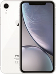 Witte iPhone XR, voor- en achterkant zichtbaar, enkele camera en afgeronde hoeken