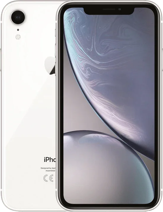 Witte iPhone XR, voor- en achterkant zichtbaar, enkele camera en afgeronde hoeken