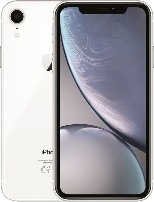 Witte iPhone XR, voorkant met scherm en achterkant met enkele camera, Apple logo zichtbaar