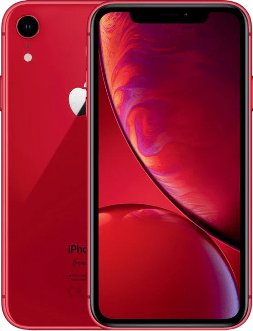 Rode iPhone XR smartphone, voor- en achterkant, productfoto tegen witte achtergrond