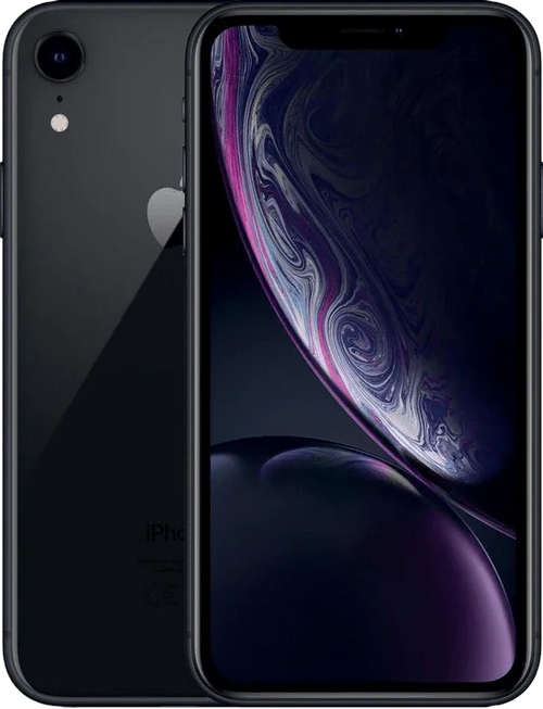 Zwarte iPhone XR smartphone, voor- en achterkant zichtbaar, strak modern design.
