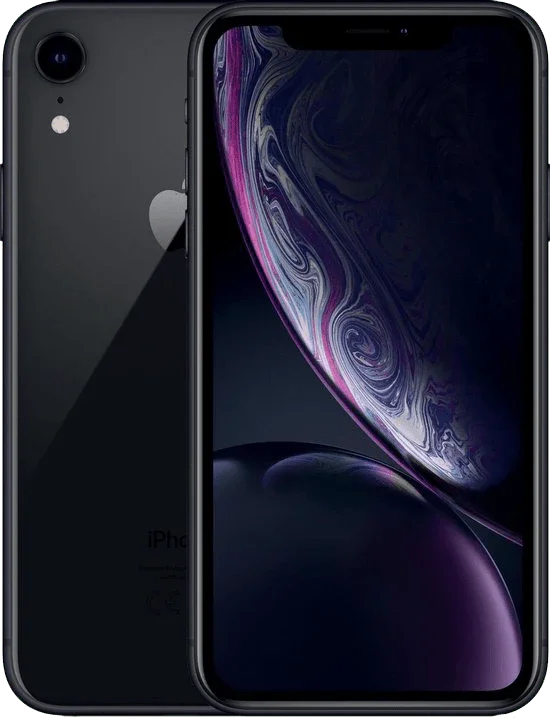 Zwarte iPhone XR, voor- en achterkant zichtbaar, modern smartphone design