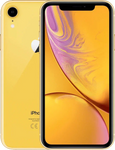 Gele iPhone XR met kleurrijk scherm, voor- en achterkant zichtbaar