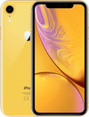 Gele iPhone XR, voorkant met kleurrijk scherm en achterkant met enkele camera