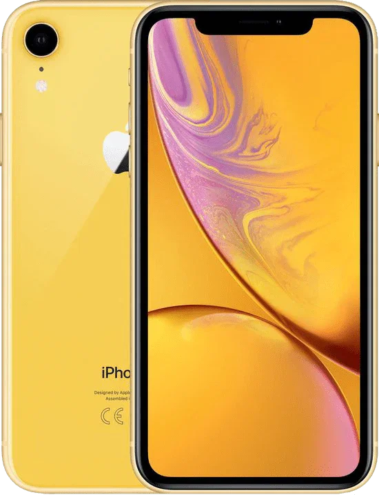 Gele iPhone XR, voorkant met kleurrijk scherm en achterkant met enkele camera