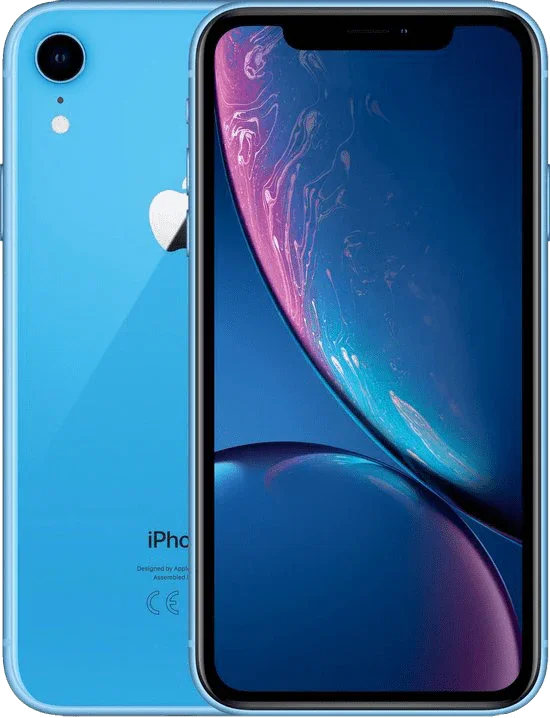 Blauwe iPhone XR smartphone, voorkant en achterkant zichtbaar, modern design