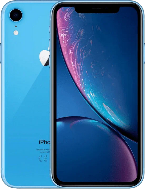 Blauwe iPhone XR, voorkant met scherm en achterkant met cameramodule zichtbaar