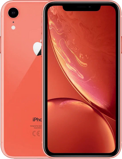 Koraalroze iPhone XR met scherm aan, enkele camera en Apple-logo zichtbaar.