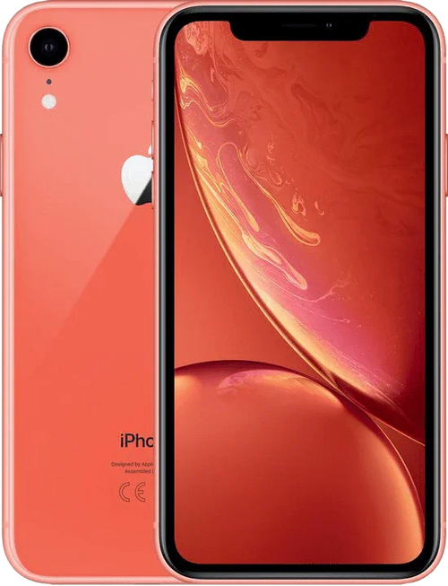 Koraalroze iPhone XR met scherm aan, enkele camera en Apple-logo zichtbaar.