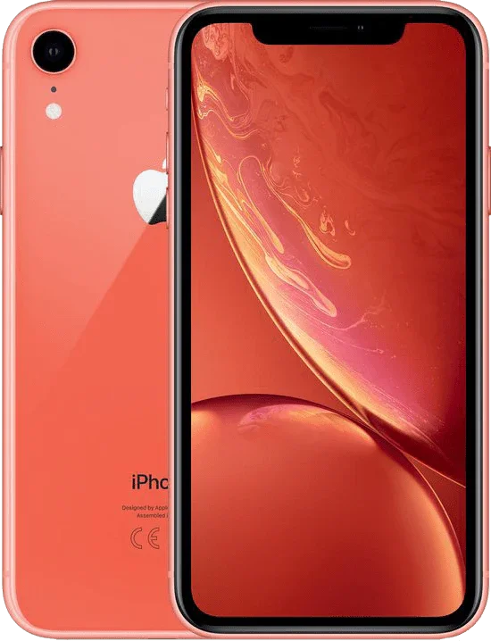Koraalroze iPhone XR met scherm aan, enkele camera en Apple-logo zichtbaar.